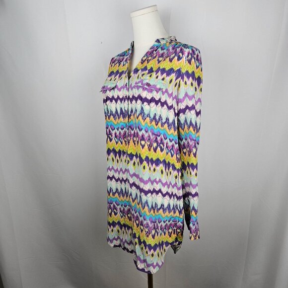 Haute Hippie Tunic Top or Dress XS 100% Silk Purple Blue Button-Up Ikat Print - Picture 3 of 10